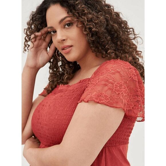 Torrid Smocked Lace Sleeve Babydoll Tank Blouse Cotton Burnt Orange Rust, 4X/26 - Picture 8 of 10